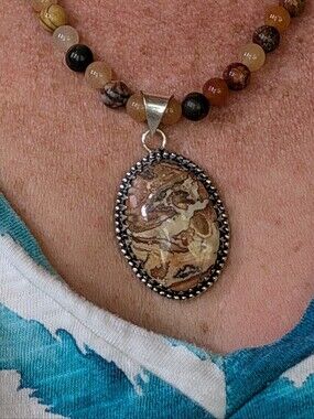 Multicolor Jasper Beaded Necklace with Oval Stone Pendant